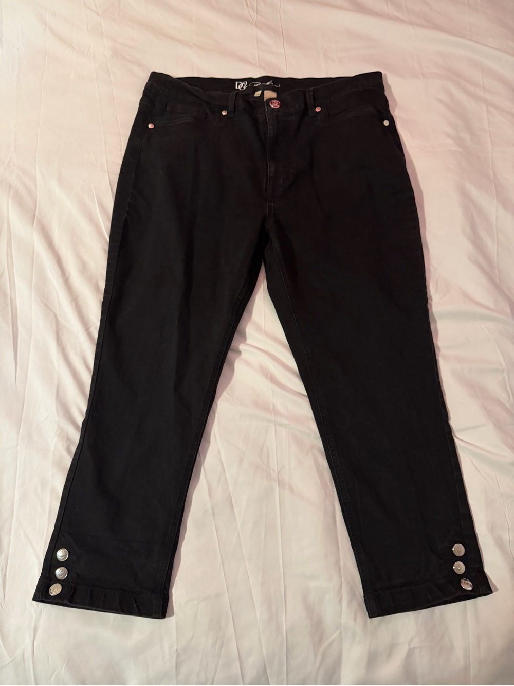 DG2 by Diane Gilman Black Boot-Cut Jeans with Button Hem